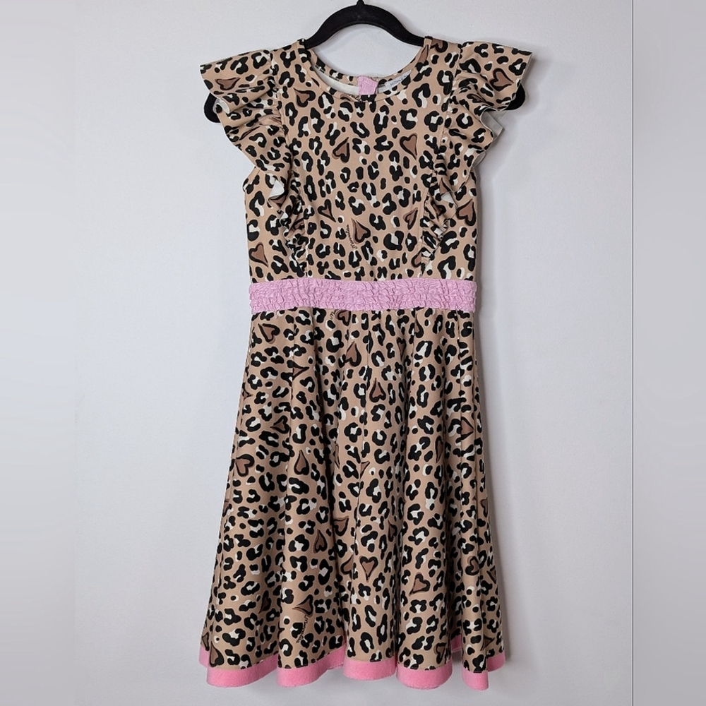 MonnaLisa Cheetah Animal Print Ruffle Sleeve Midi Skater Dress Brown‎ Pink 12